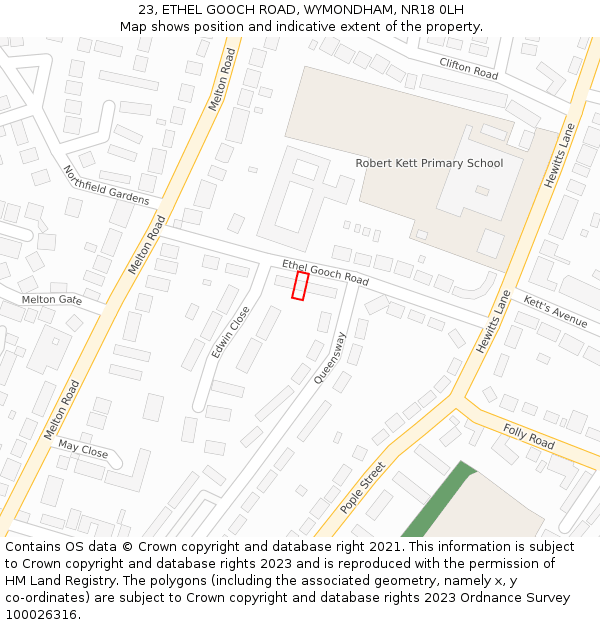 23, ETHEL GOOCH ROAD, WYMONDHAM, NR18 0LH: Location map and indicative extent of plot