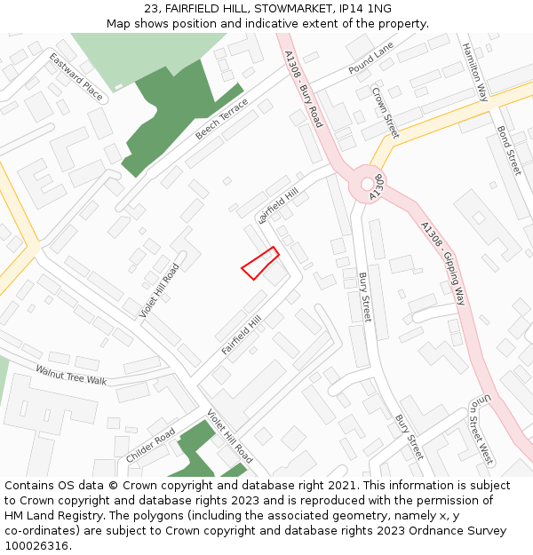 23, FAIRFIELD HILL, STOWMARKET, IP14 1NG: Location map and indicative extent of plot