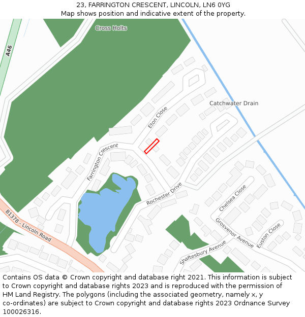 23, FARRINGTON CRESCENT, LINCOLN, LN6 0YG: Location map and indicative extent of plot