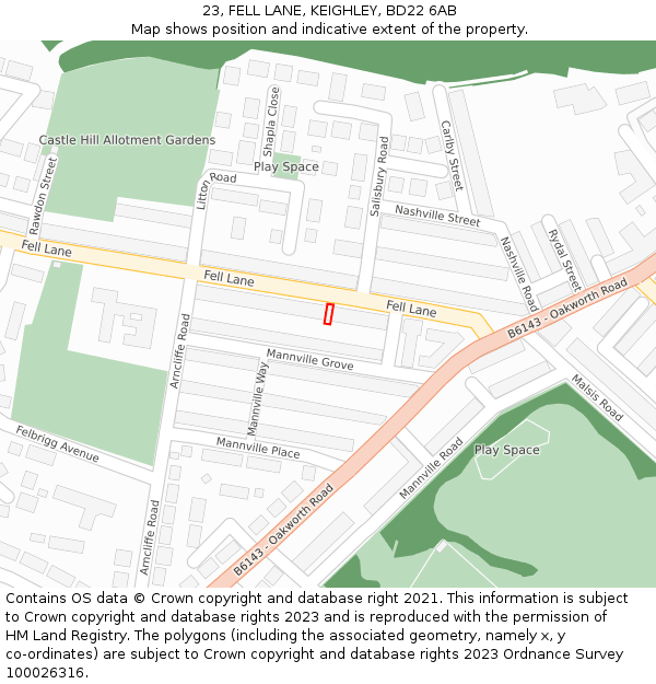 23, FELL LANE, KEIGHLEY, BD22 6AB: Location map and indicative extent of plot