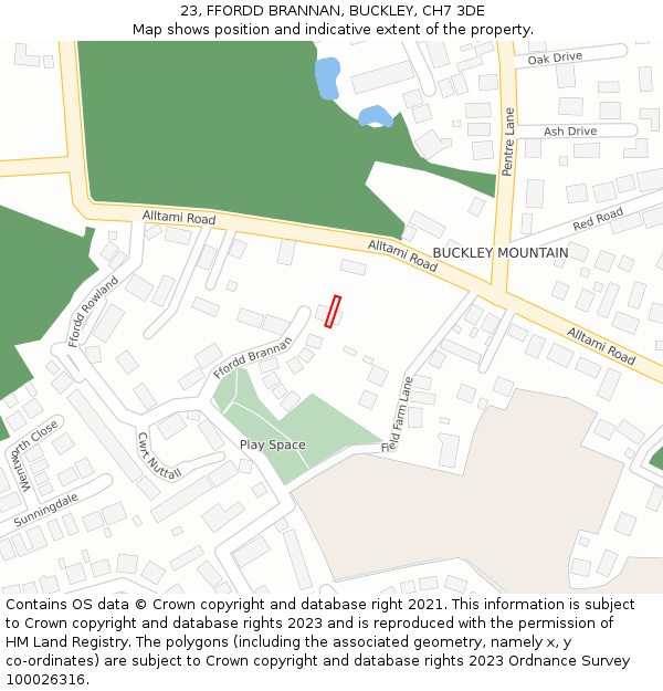 23, FFORDD BRANNAN, BUCKLEY, CH7 3DE: Location map and indicative extent of plot