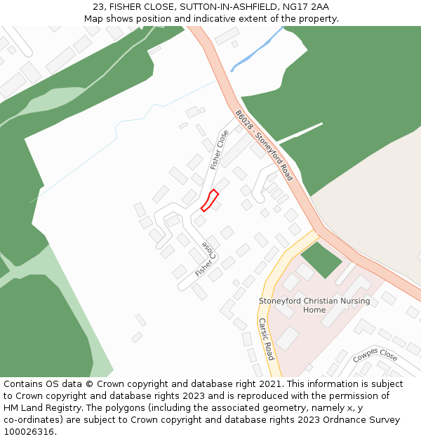 23, FISHER CLOSE, SUTTON-IN-ASHFIELD, NG17 2AA: Location map and indicative extent of plot