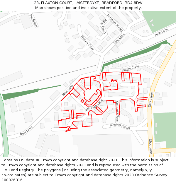 23, FLAXTON COURT, LAISTERDYKE, BRADFORD, BD4 8DW: Location map and indicative extent of plot
