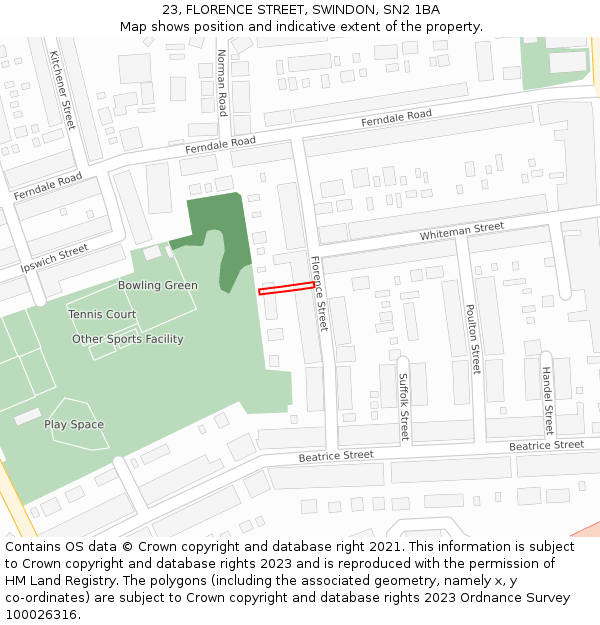 23, FLORENCE STREET, SWINDON, SN2 1BA: Location map and indicative extent of plot