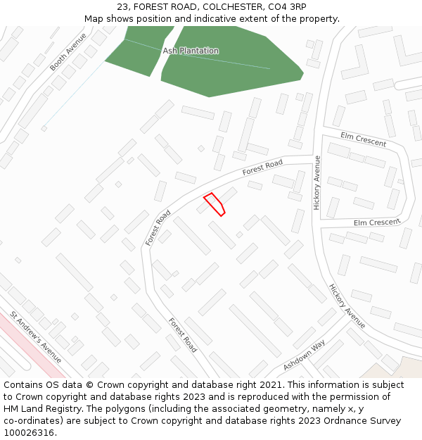 23, FOREST ROAD, COLCHESTER, CO4 3RP: Location map and indicative extent of plot