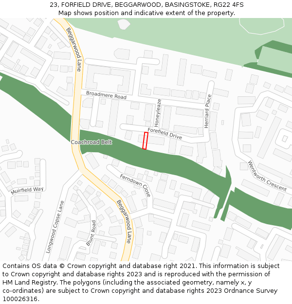 23, FORFIELD DRIVE, BEGGARWOOD, BASINGSTOKE, RG22 4FS: Location map and indicative extent of plot