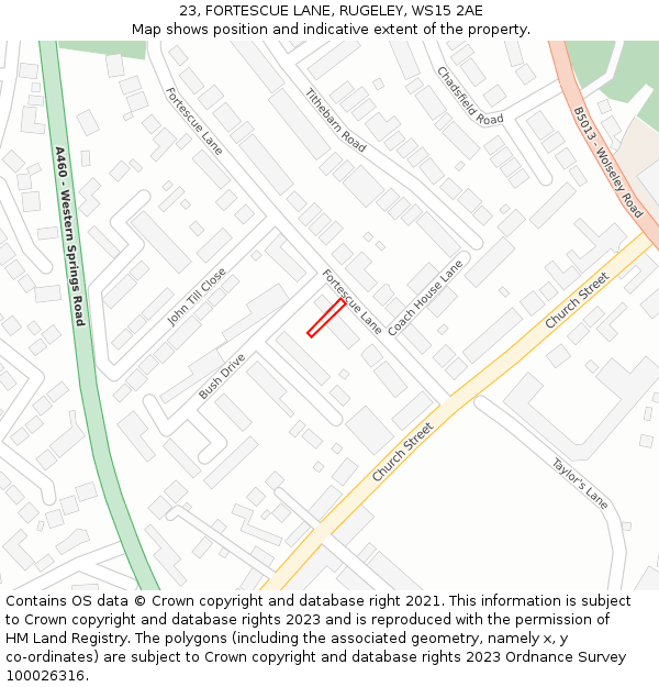 23, FORTESCUE LANE, RUGELEY, WS15 2AE: Location map and indicative extent of plot