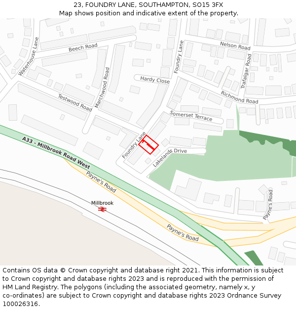 23, FOUNDRY LANE, SOUTHAMPTON, SO15 3FX: Location map and indicative extent of plot