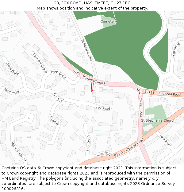 23, FOX ROAD, HASLEMERE, GU27 1RG: Location map and indicative extent of plot