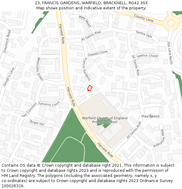23, FRANCIS GARDENS, WARFIELD, BRACKNELL, RG42 3SX: Location map and indicative extent of plot