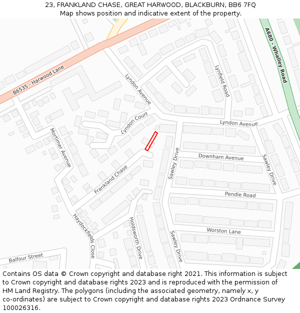 23, FRANKLAND CHASE, GREAT HARWOOD, BLACKBURN, BB6 7FQ: Location map and indicative extent of plot
