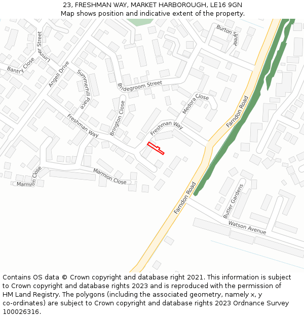 23, FRESHMAN WAY, MARKET HARBOROUGH, LE16 9GN: Location map and indicative extent of plot
