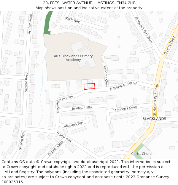 23, FRESHWATER AVENUE, HASTINGS, TN34 2HR: Location map and indicative extent of plot