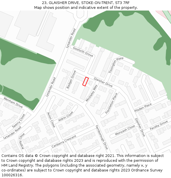 23, GLAISHER DRIVE, STOKE-ON-TRENT, ST3 7RF: Location map and indicative extent of plot