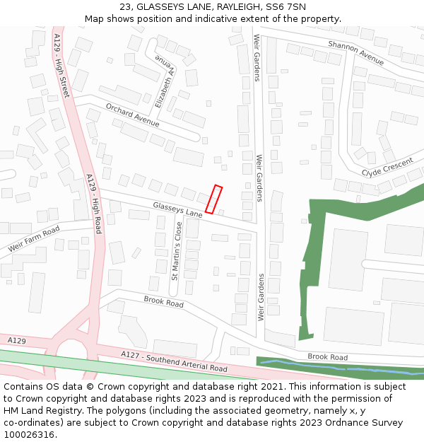 23, GLASSEYS LANE, RAYLEIGH, SS6 7SN: Location map and indicative extent of plot