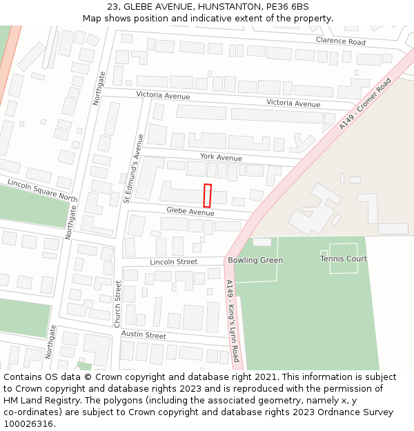 23, GLEBE AVENUE, HUNSTANTON, PE36 6BS: Location map and indicative extent of plot