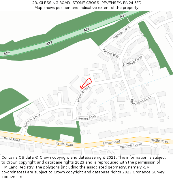 23, GLESSING ROAD, STONE CROSS, PEVENSEY, BN24 5FD: Location map and indicative extent of plot