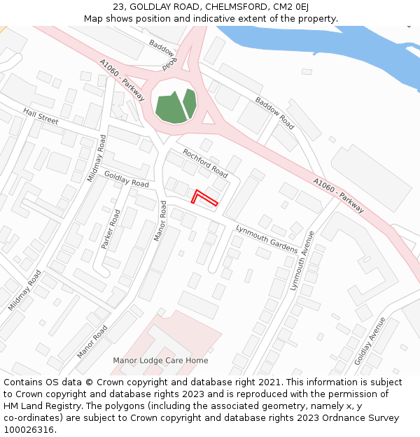 23, GOLDLAY ROAD, CHELMSFORD, CM2 0EJ: Location map and indicative extent of plot