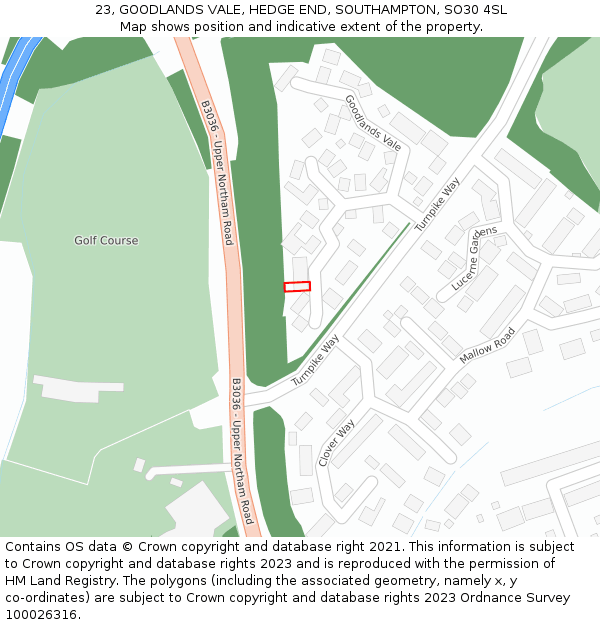 23, GOODLANDS VALE, HEDGE END, SOUTHAMPTON, SO30 4SL: Location map and indicative extent of plot