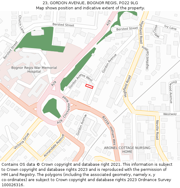 23, GORDON AVENUE, BOGNOR REGIS, PO22 9LG: Location map and indicative extent of plot