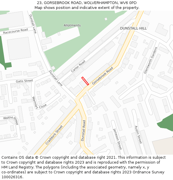 23, GORSEBROOK ROAD, WOLVERHAMPTON, WV6 0PD: Location map and indicative extent of plot