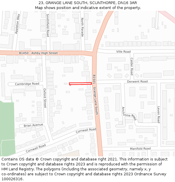 23, GRANGE LANE SOUTH, SCUNTHORPE, DN16 3AR: Location map and indicative extent of plot