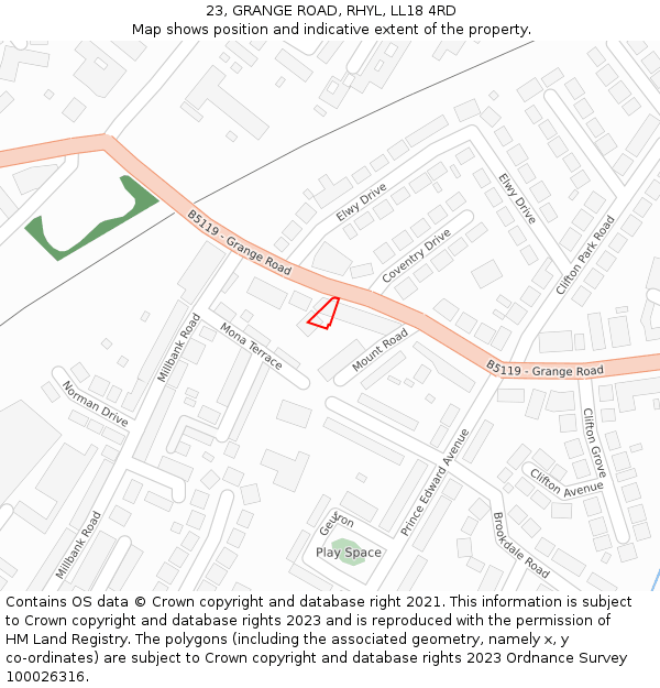 23, GRANGE ROAD, RHYL, LL18 4RD: Location map and indicative extent of plot