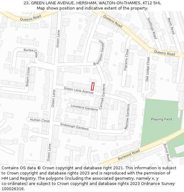 23, GREEN LANE AVENUE, HERSHAM, WALTON-ON-THAMES, KT12 5HL: Location map and indicative extent of plot