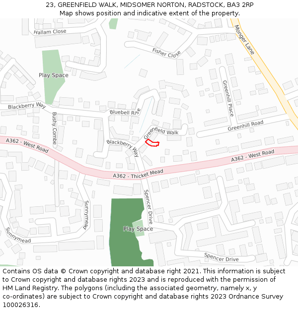 23, GREENFIELD WALK, MIDSOMER NORTON, RADSTOCK, BA3 2RP: Location map and indicative extent of plot