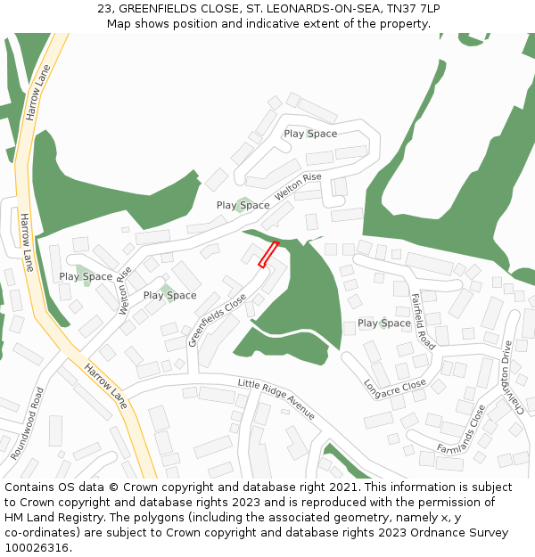 23, GREENFIELDS CLOSE, ST. LEONARDS-ON-SEA, TN37 7LP: Location map and indicative extent of plot