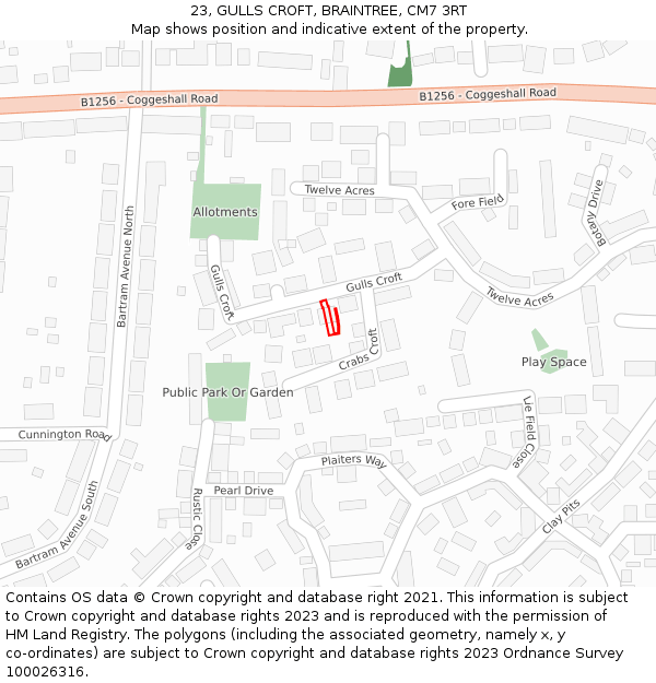 23, GULLS CROFT, BRAINTREE, CM7 3RT: Location map and indicative extent of plot