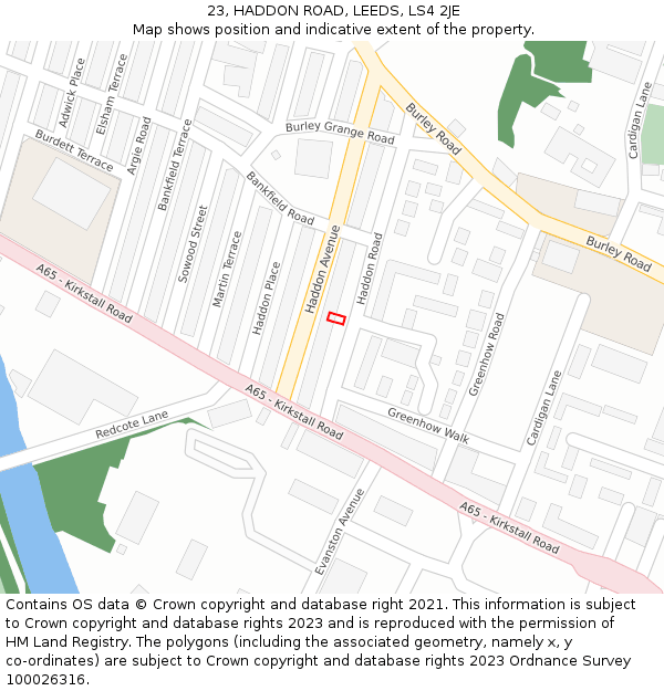 23, HADDON ROAD, LEEDS, LS4 2JE: Location map and indicative extent of plot