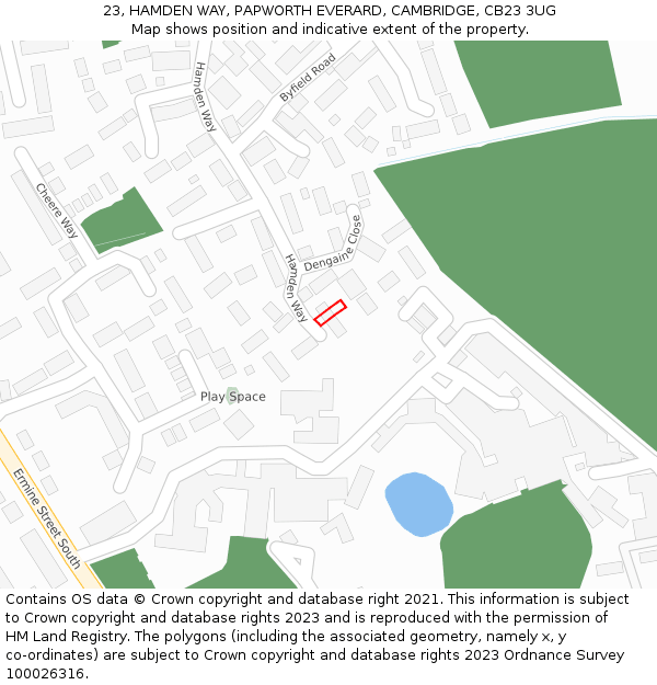 23, HAMDEN WAY, PAPWORTH EVERARD, CAMBRIDGE, CB23 3UG: Location map and indicative extent of plot