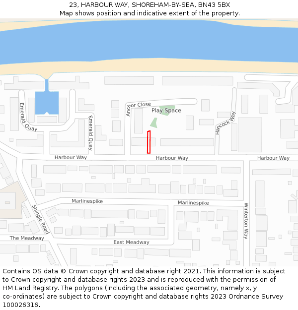 23, HARBOUR WAY, SHOREHAM-BY-SEA, BN43 5BX: Location map and indicative extent of plot