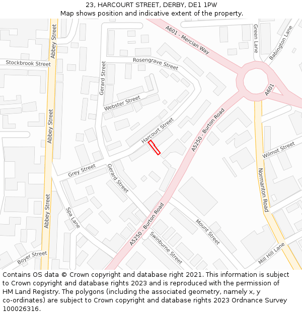 23, HARCOURT STREET, DERBY, DE1 1PW: Location map and indicative extent of plot
