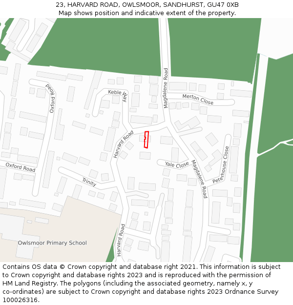 23, HARVARD ROAD, OWLSMOOR, SANDHURST, GU47 0XB: Location map and indicative extent of plot