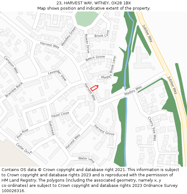 23, HARVEST WAY, WITNEY, OX28 1BX: Location map and indicative extent of plot