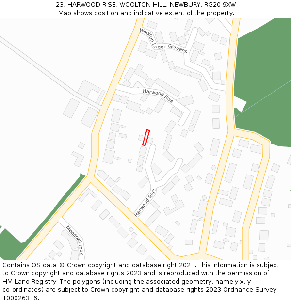 23, HARWOOD RISE, WOOLTON HILL, NEWBURY, RG20 9XW: Location map and indicative extent of plot