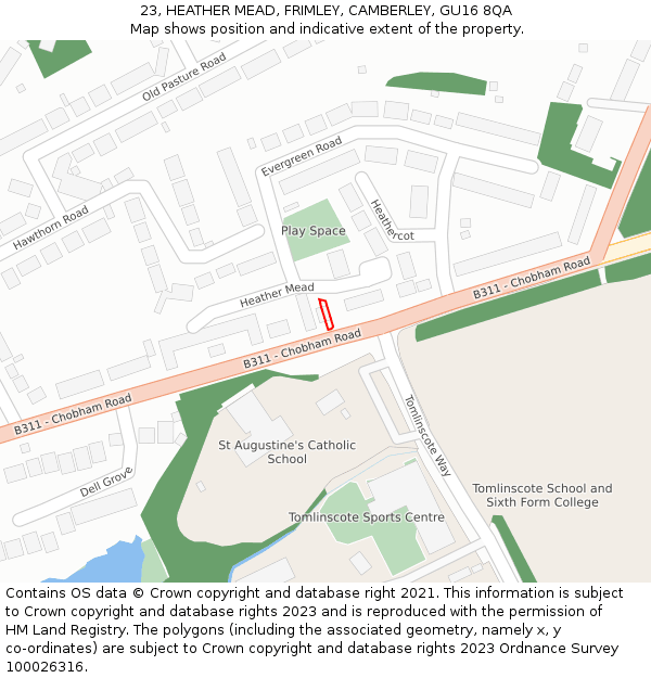23, HEATHER MEAD, FRIMLEY, CAMBERLEY, GU16 8QA: Location map and indicative extent of plot