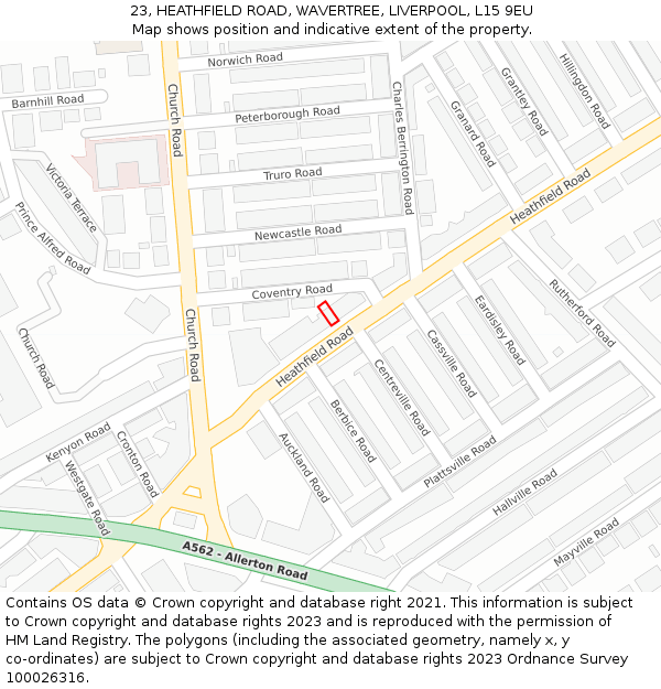 23, HEATHFIELD ROAD, WAVERTREE, LIVERPOOL, L15 9EU: Location map and indicative extent of plot
