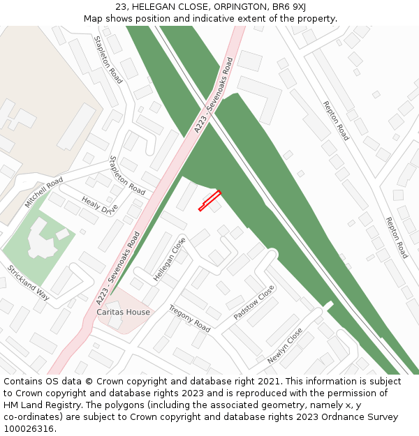 23, HELEGAN CLOSE, ORPINGTON, BR6 9XJ: Location map and indicative extent of plot
