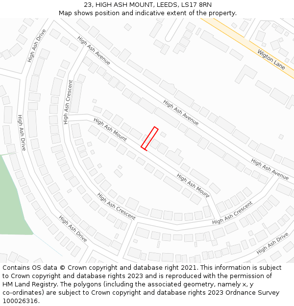 23, HIGH ASH MOUNT, LEEDS, LS17 8RN: Location map and indicative extent of plot