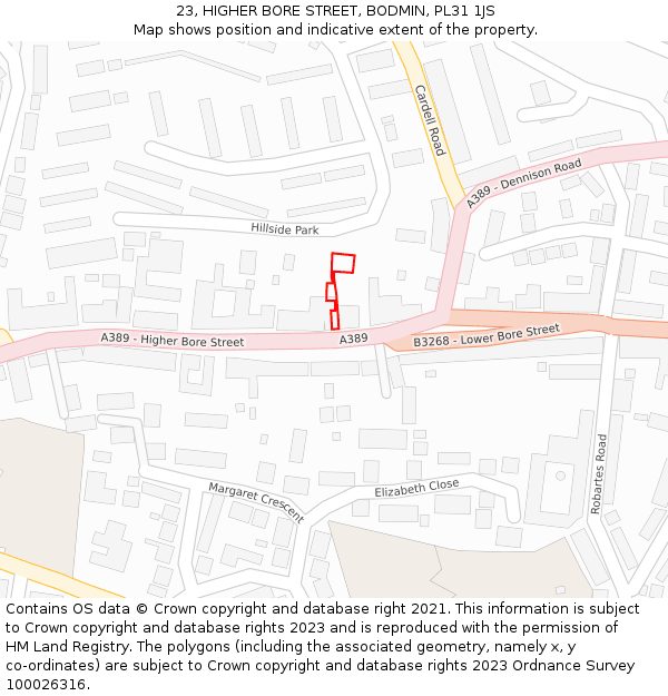 23, HIGHER BORE STREET, BODMIN, PL31 1JS: Location map and indicative extent of plot