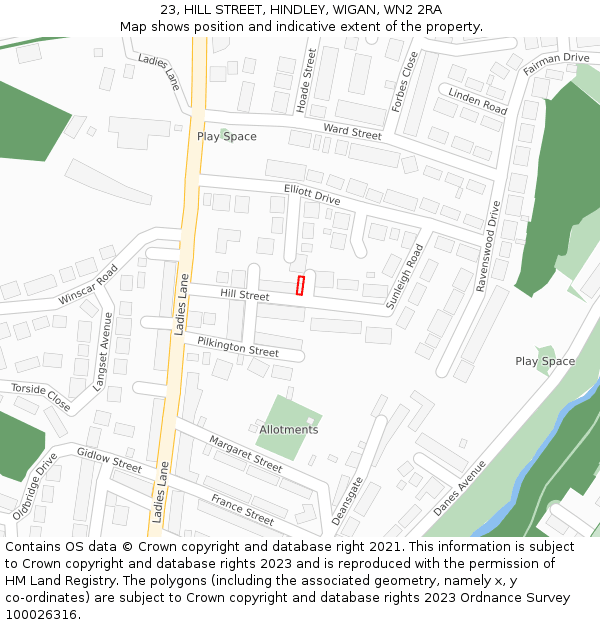 23, HILL STREET, HINDLEY, WIGAN, WN2 2RA: Location map and indicative extent of plot