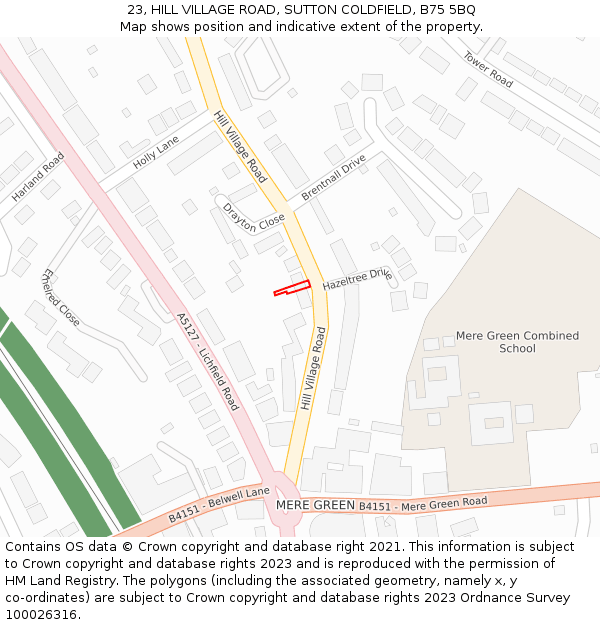 23, HILL VILLAGE ROAD, SUTTON COLDFIELD, B75 5BQ: Location map and indicative extent of plot