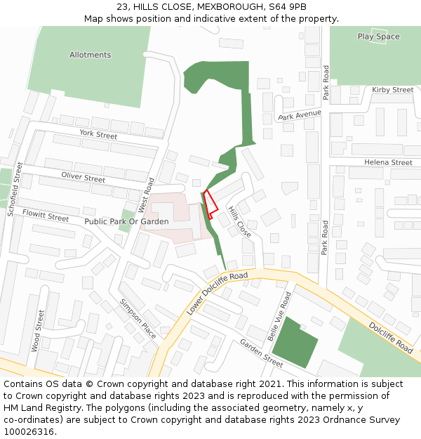 23, HILLS CLOSE, MEXBOROUGH, S64 9PB: Location map and indicative extent of plot