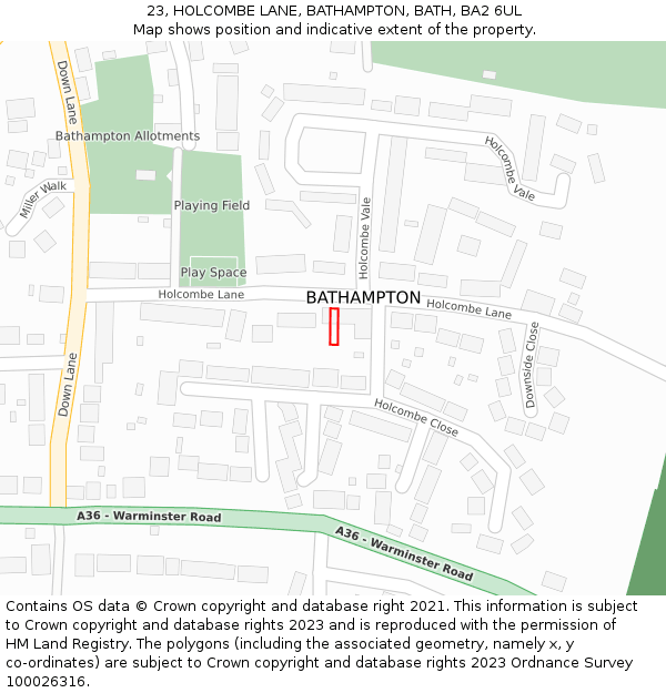 23, HOLCOMBE LANE, BATHAMPTON, BATH, BA2 6UL: Location map and indicative extent of plot