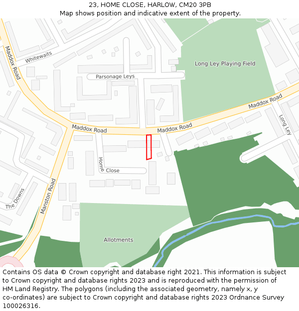 23, HOME CLOSE, HARLOW, CM20 3PB: Location map and indicative extent of plot