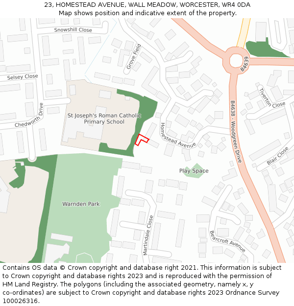 23, HOMESTEAD AVENUE, WALL MEADOW, WORCESTER, WR4 0DA: Location map and indicative extent of plot