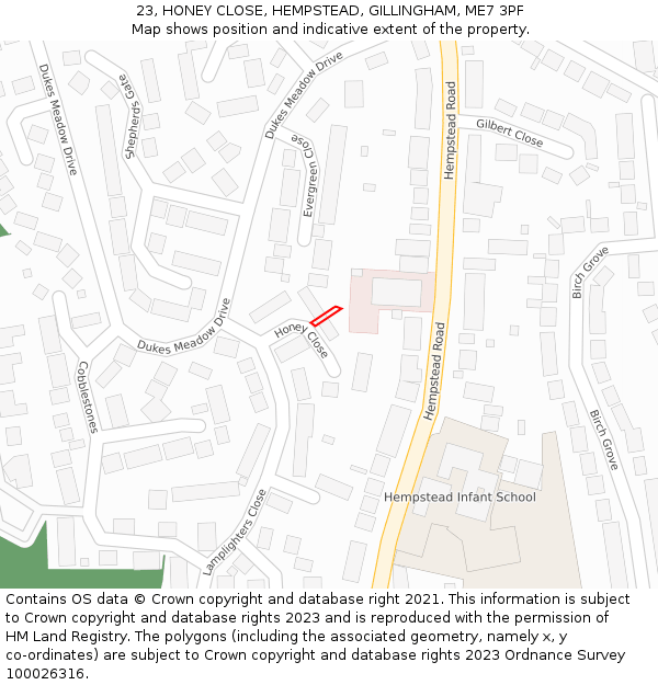 23, HONEY CLOSE, HEMPSTEAD, GILLINGHAM, ME7 3PF: Location map and indicative extent of plot